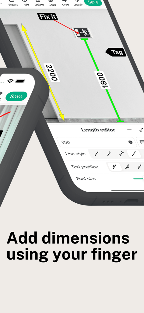 SizeSnap - Markup measurements - Una pantalla de smartphone mostrando la interfaz de la aplicación SizeSnap con mediciones de marcado de fotos y una herramienta de editor de longitud.