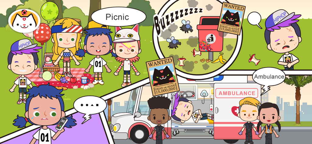 Miga Town My Hospitalでのピクニックや救急車の救助の漫画風のシーン