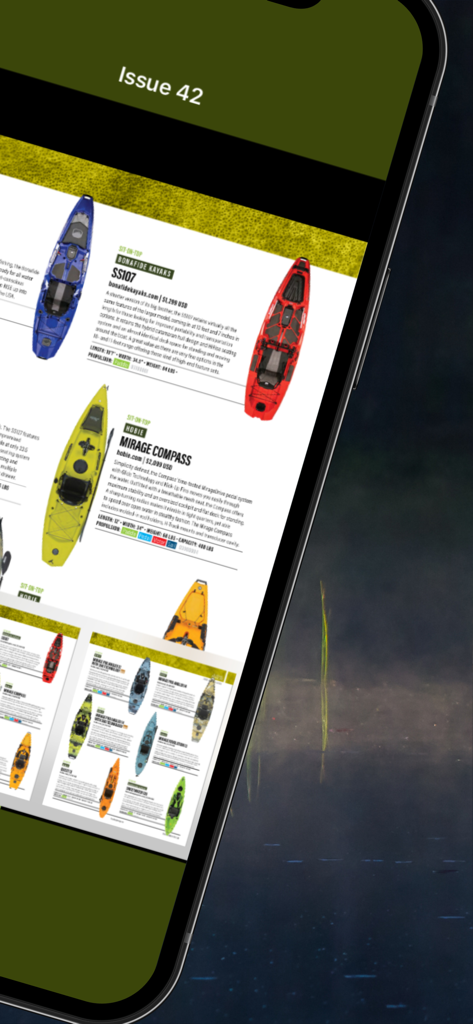 Kayak Angler+ Magazine - A digital page of Kayak Angler plus Magazine showing detailed reviews and specifications of fishing kayaks.
