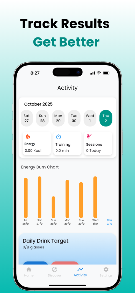 Tai Chi Walking : GentleFit - The activity tracking screen of the GentleFit app showing energy burn charts and a water intake goal
