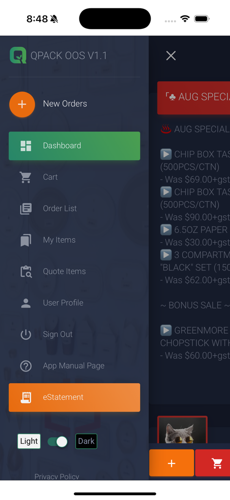 Qpack - Side navigation menu of the Qpack app displaying options for dashboard cart and order list