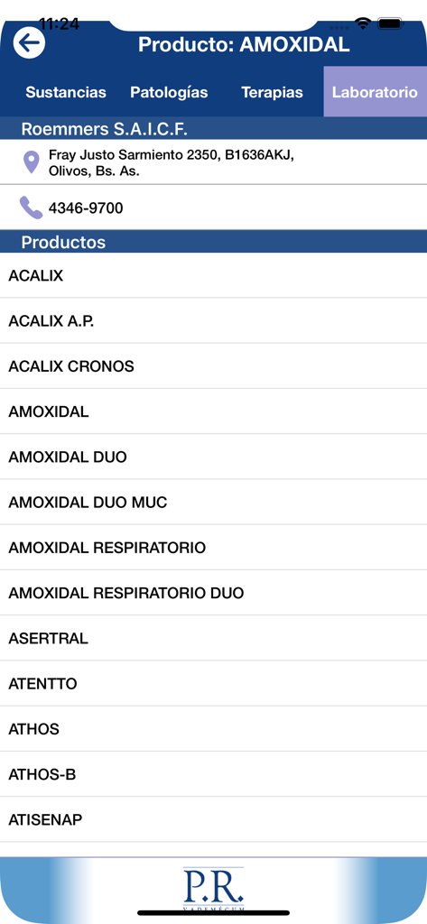 PR Vademécum Argentina 2025 - Interfaz de la aplicación que muestra la información de contacto del laboratorio y una lista de productos farmacéuticos