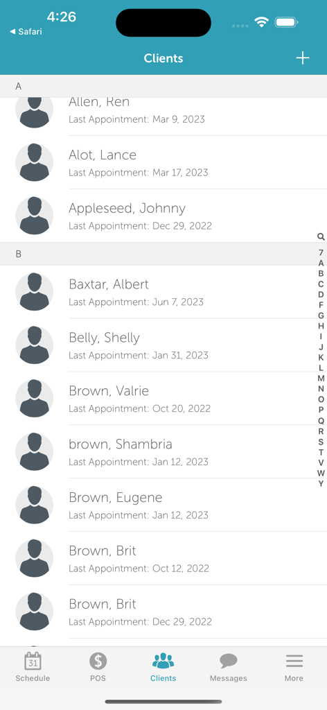MyTime Scheduler für Händler Kundenlistenbildschirm mit Kundennamen und letzten Termindaten