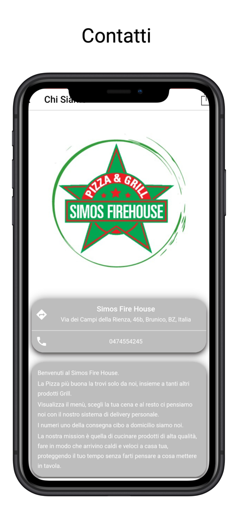 Simos Fire House app contact screen with restaurant logo address in Brunico and phone number