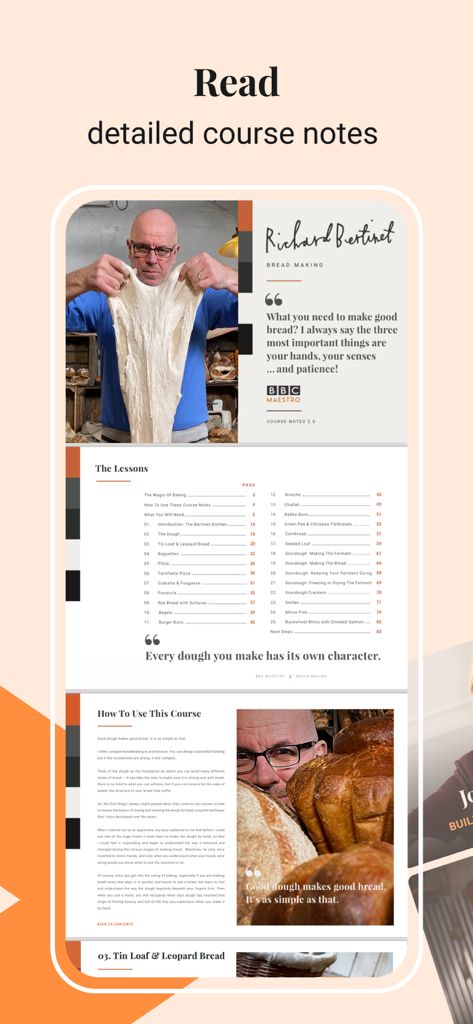 BBC Maestro: Online Courses - A preview of the detailed course notes feature in the BBC Maestro app showing a bread making guide by Richard Bertinet.
