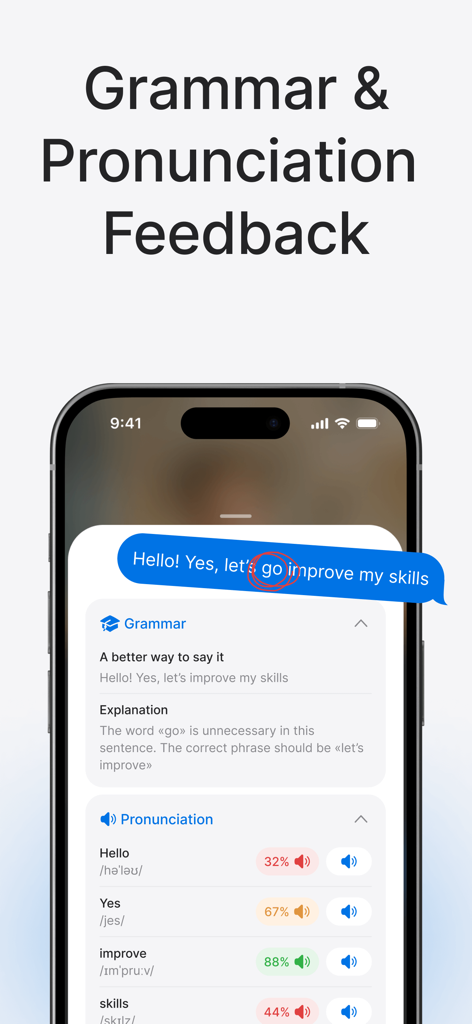 Learn Languages: Speak Avatar - Grammar and pronunciation feedback interface in the SpeakAvatar language learning app