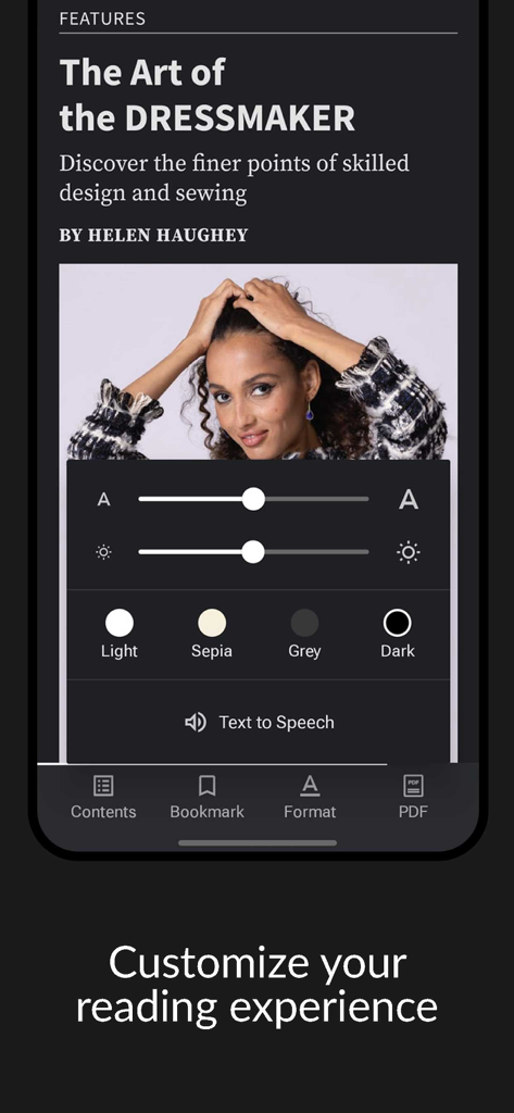 The Threads Magazine app interface showing reading customization settings like text size brightness and color themes