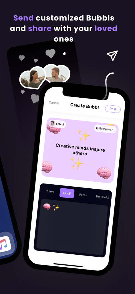 Bubbl Widgetアプリで、テキストと絵文字を使用してカスタマイズされたデジタルノートの作成を示すスマートフォンのインターフェース。
