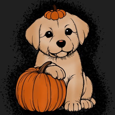 a realistic puppywith a pumpkin on his head