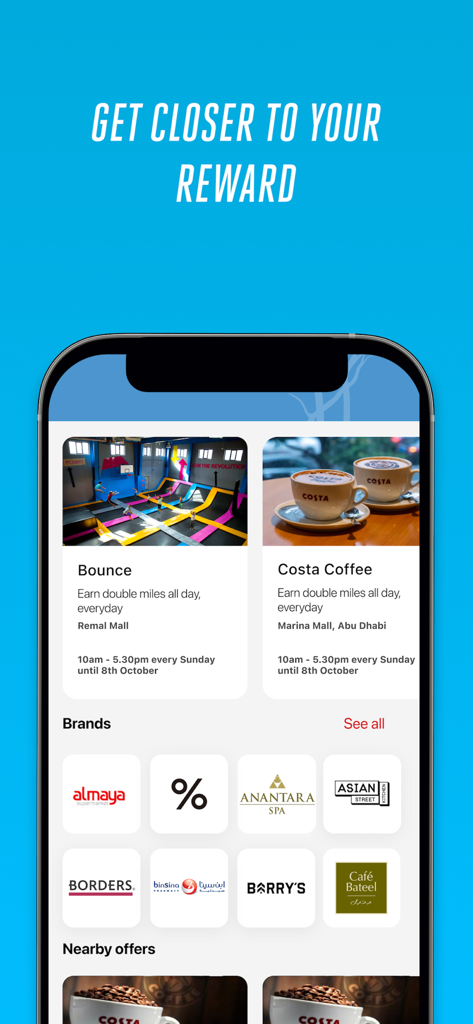 Skywards Everyday - Skywards Everyday app interface showing miles rewards for brands like Costa Coffee and Anantara Spa