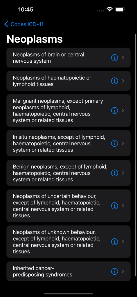 Interface of the ICD-11 MMS app showing a list of neoplasm classifications