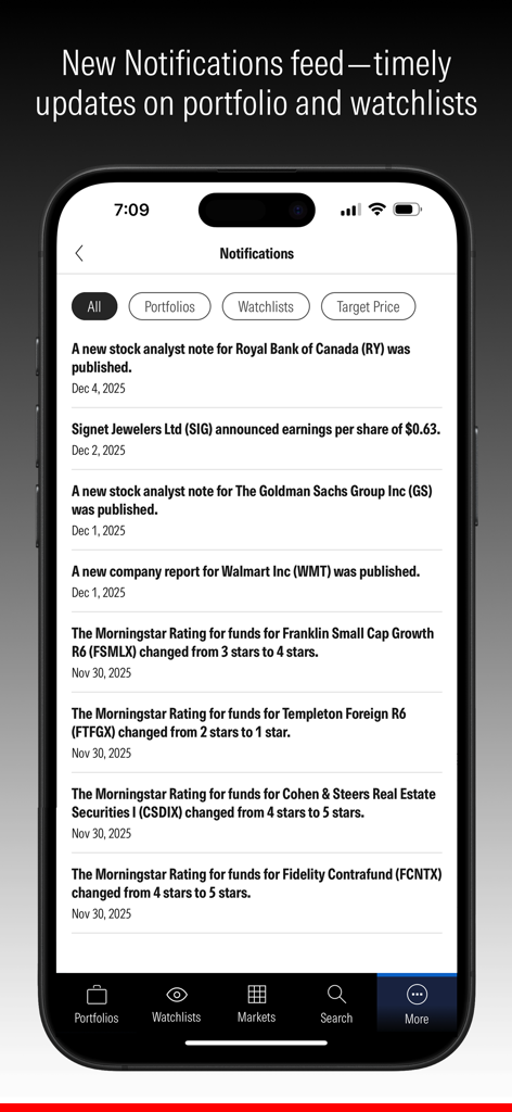 Morningstar Investor - Morningstar Investor app screen displaying a list of notifications for portfolio and watchlist updates.