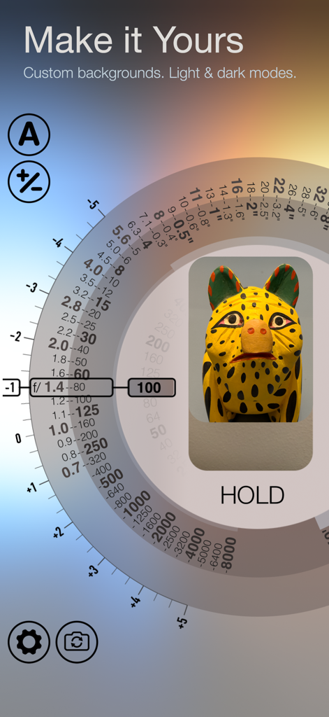 Light Meter Wheel app showing custom background options and exposure dial interface