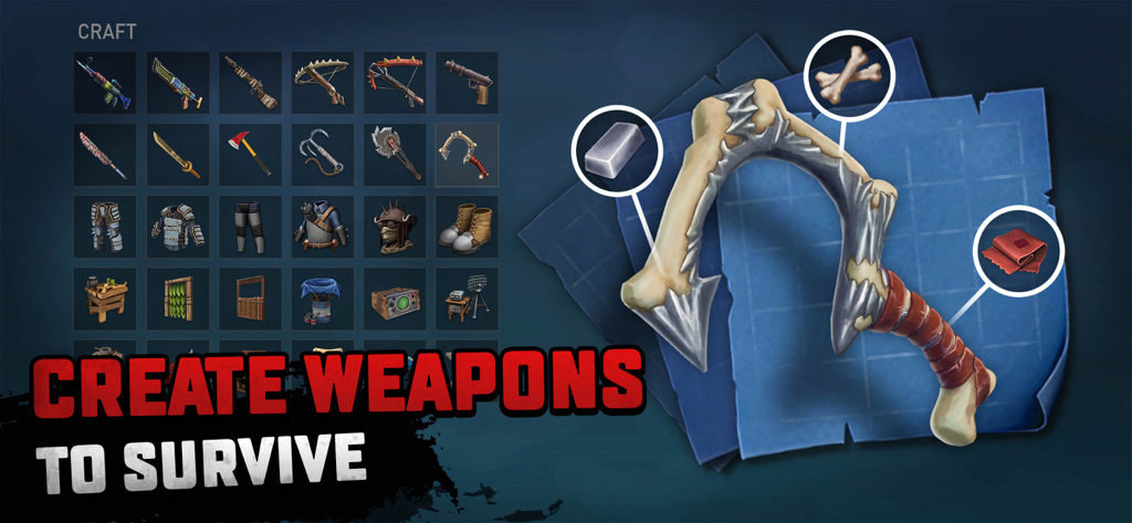 A crafting menu with various weapons and tools next to a bone weapon blueprint in Raft Survival Ocean Nomad.
