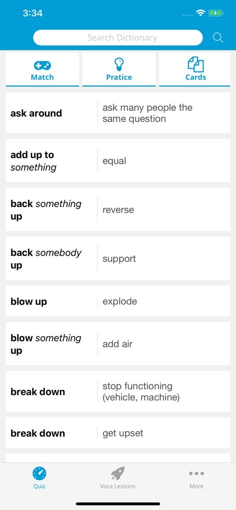 English Phrasal Verbs in Use - Interface showing a list of English phrasal verbs with simple definitions for ESL learners