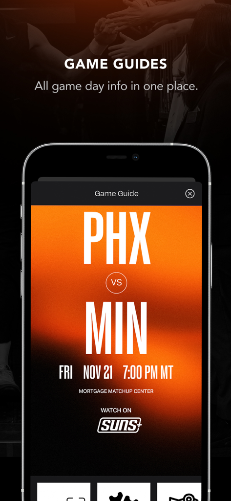 Suns-Merc-Mortgage Matchup Ctr - Mobile app screen displaying a game guide for a Phoenix vs Minnesota matchup at the Mortgage Matchup Center