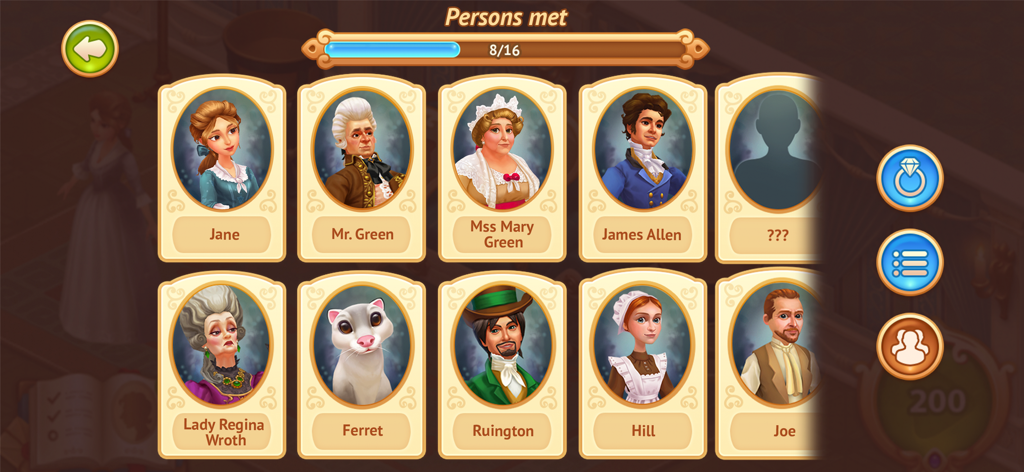 Storyngton Hall: Match 3 games - In-game screen showing a collection of Regency era character portraits including Jane and the Green family