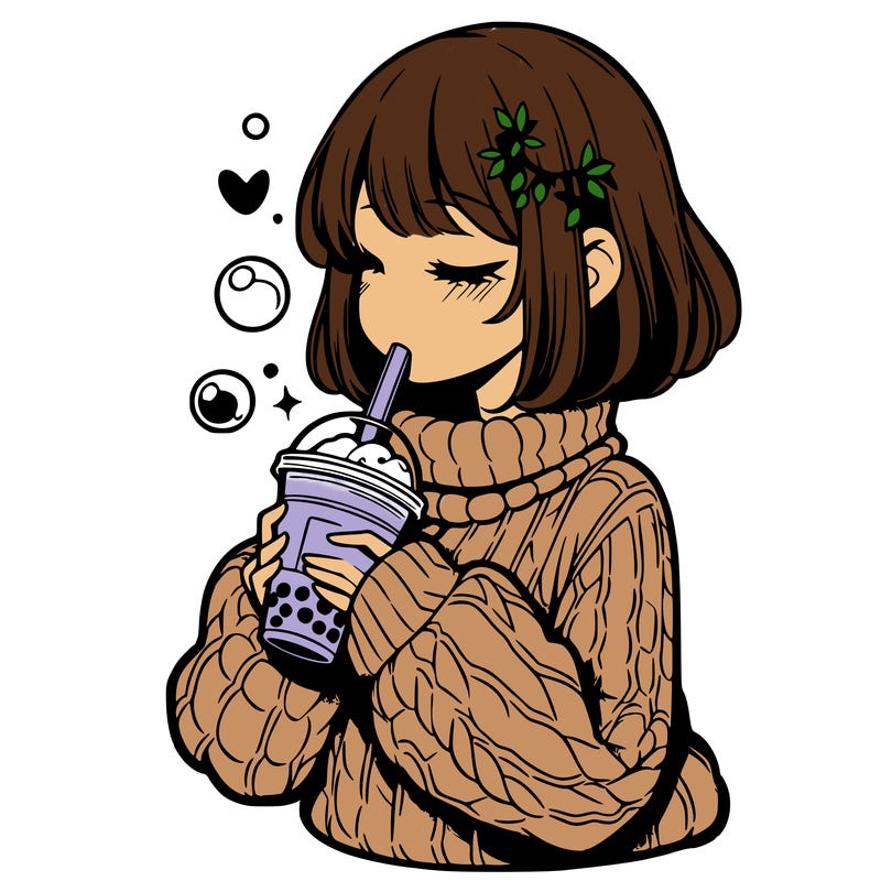 manga girl drinking boba in cozy sweater