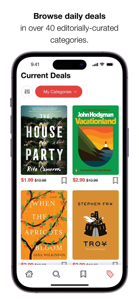 BookBub app interface displaying discounted ebook deals in curated categories