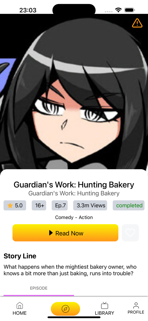 Toonred - Webtoon & Manga - Toonred app interface displaying the story details for the manga Guardians Work Hunting Bakery
