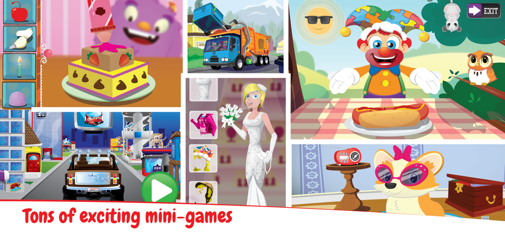 Kids Puzzles Games Puzzingo - A collection of colorful and educational mini games for kids including a clown picnic a garbage truck and cake decorating