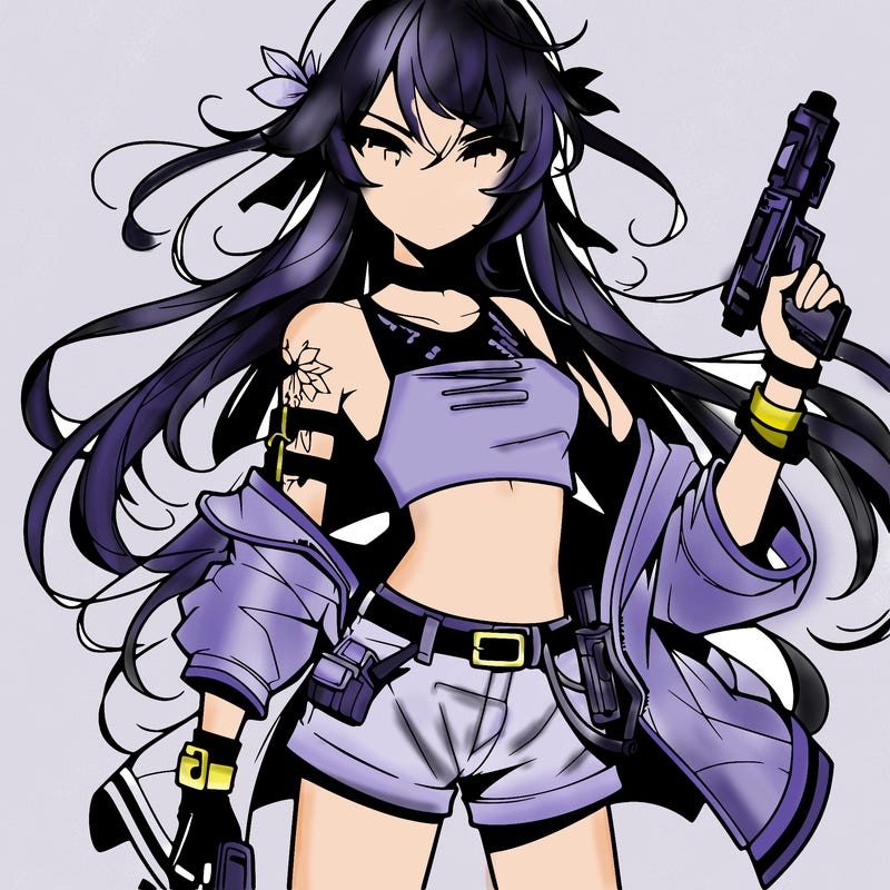 bad girl wearing crop top holding a gun long hair anime