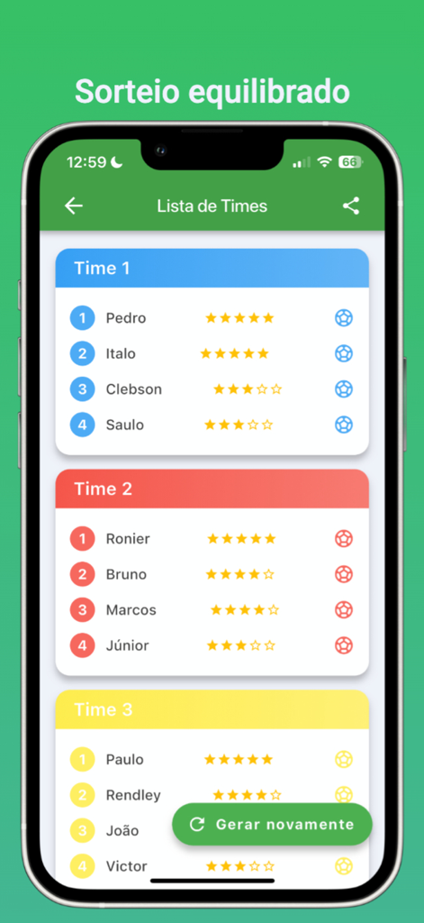 Mobile app screen showing three balanced soccer teams with player skill ratings