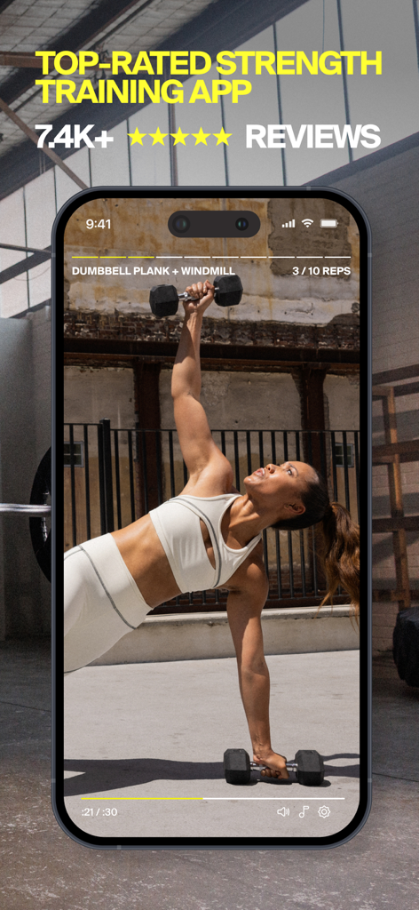 Smartphone screen showing a woman performing a dumbbell plank workout on the top rated Centr fitness app