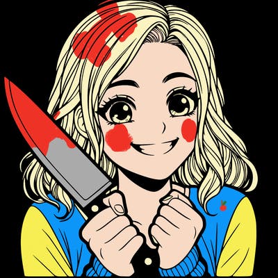 a realistic girl holding a knife and grinning