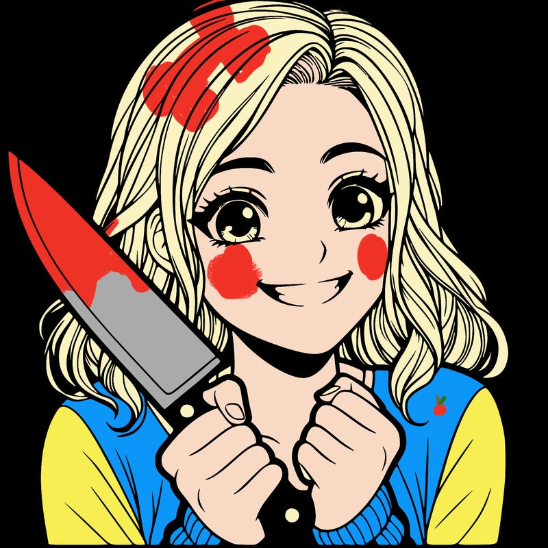 a realistic girl holding a knife and grinning