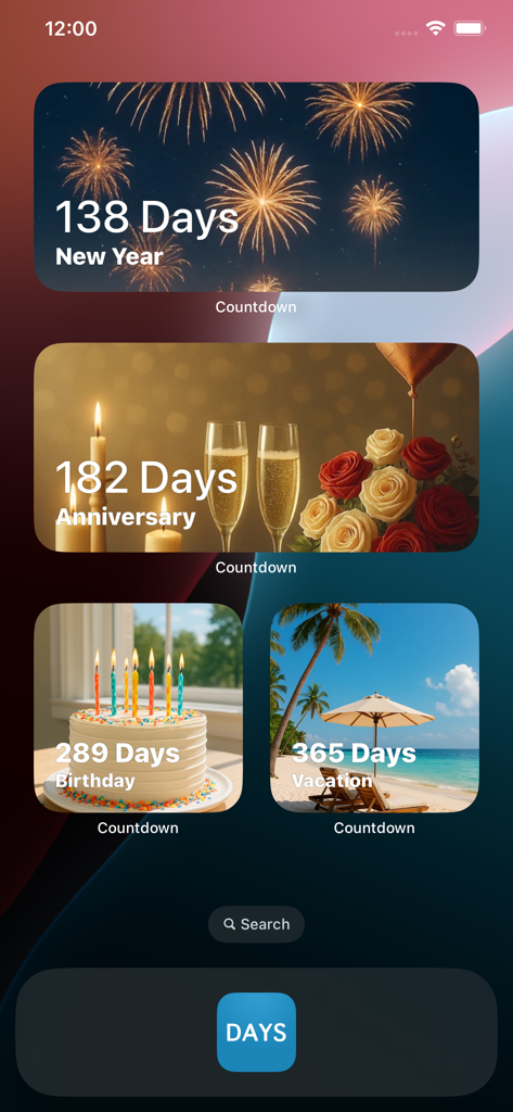 Pantalla de inicio de iPhone con múltiples widgets de cuenta atrás personalizados para eventos como Año Nuevo y aniversarios