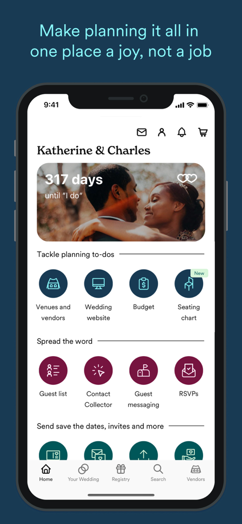 Zola wedding planner app dashboard showing wedding countdown and planning tools