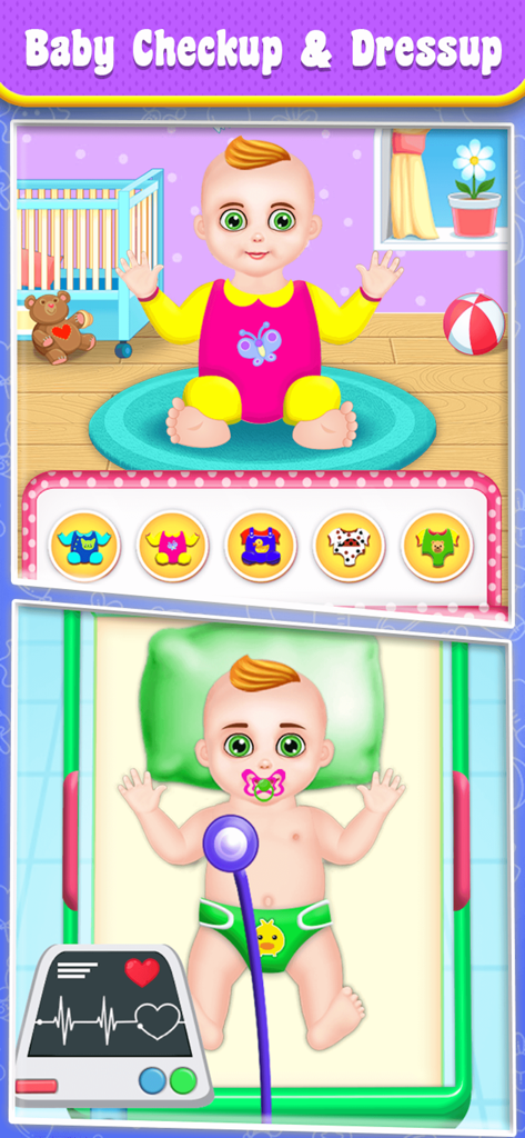 Pregnant Mom BabySitter Game - A baby character in a dress-up screen with various outfits and a medical checkup simulation with a stethoscope.