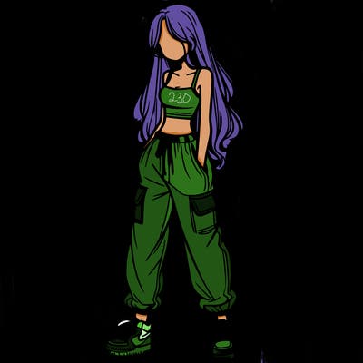 girl in baggy pants crop top and long hair