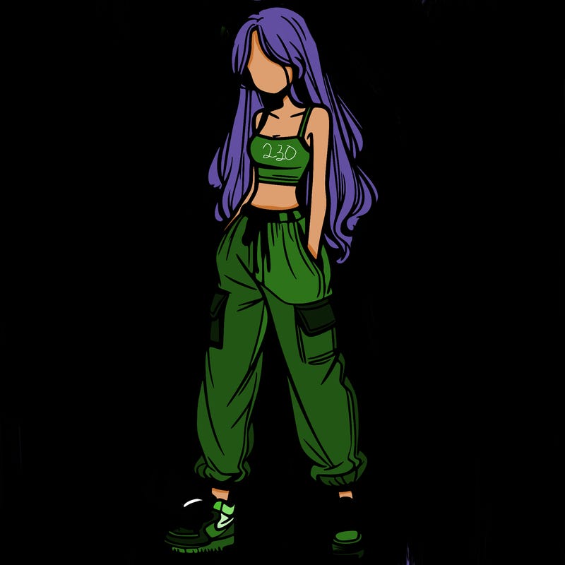 girl in baggy pants crop top and long hair