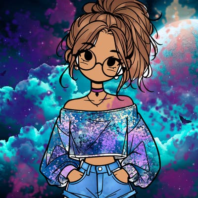 girl with a messy ponytail glasses a baggy crop top and jean shorts