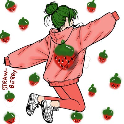 realistic girl jumping with a bun and oversized sweatshirt