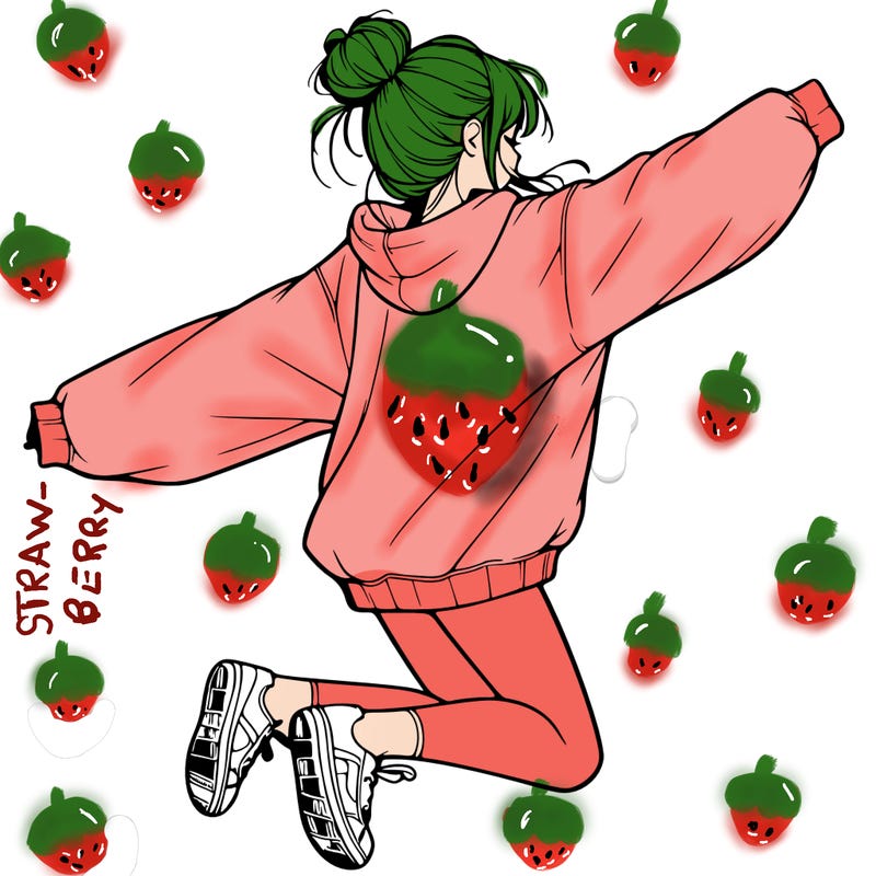 realistic girl jumping with a bun and oversized sweatshirt