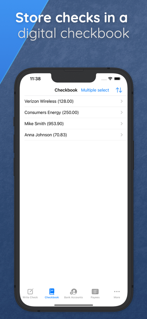 A mobile app screenshot showing a digital checkbook list with transactions for Verizon Wireless, Consumers Energy, Mike Smith, and Anna Johnson.