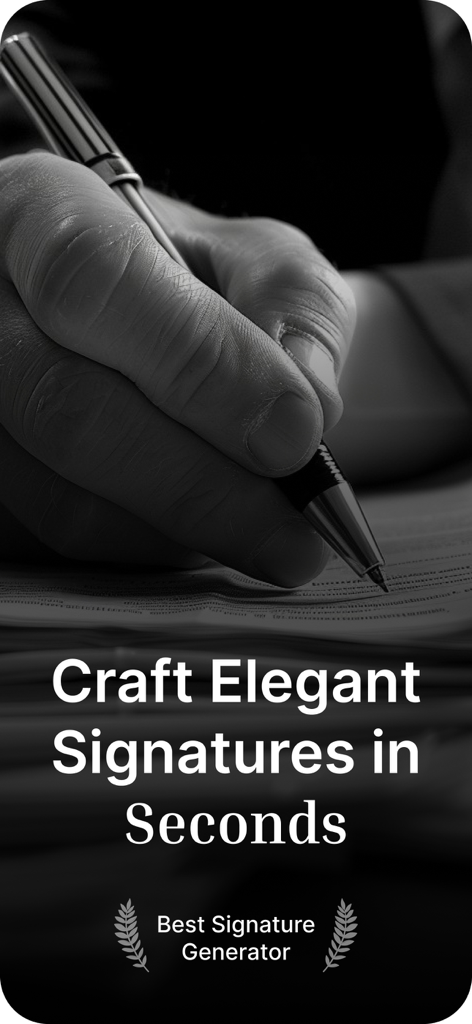 Electronic & Signature Creator - Close-up de uma mão assinando um documento com uma caneta e o texto 'Crie Assinaturas Elegantes em Segundos'