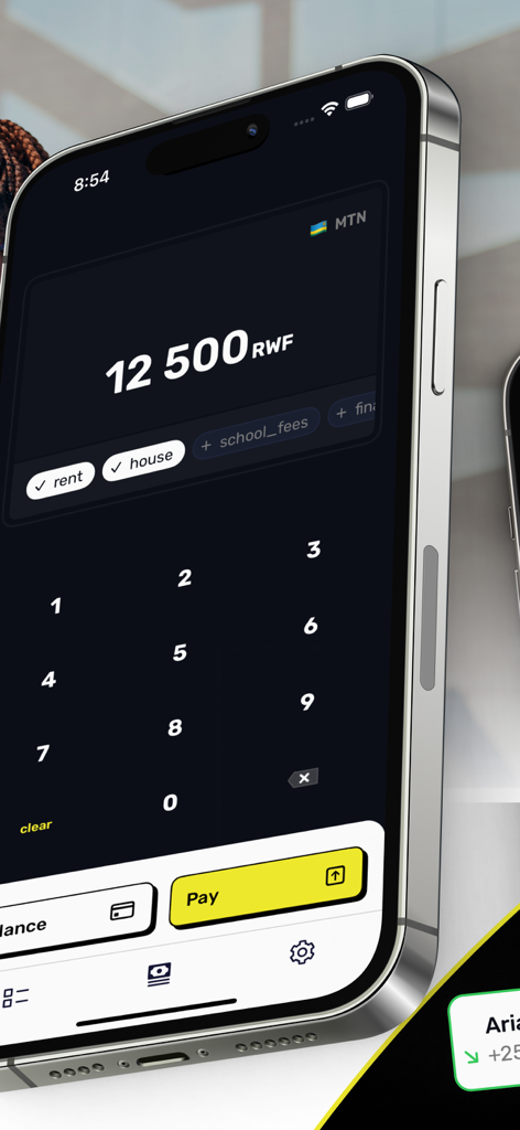 Faranga – Fast Mobile Money - Smartphone displaying the Faranga app payment interface with a 12500 RWF transaction amount and rent category tags