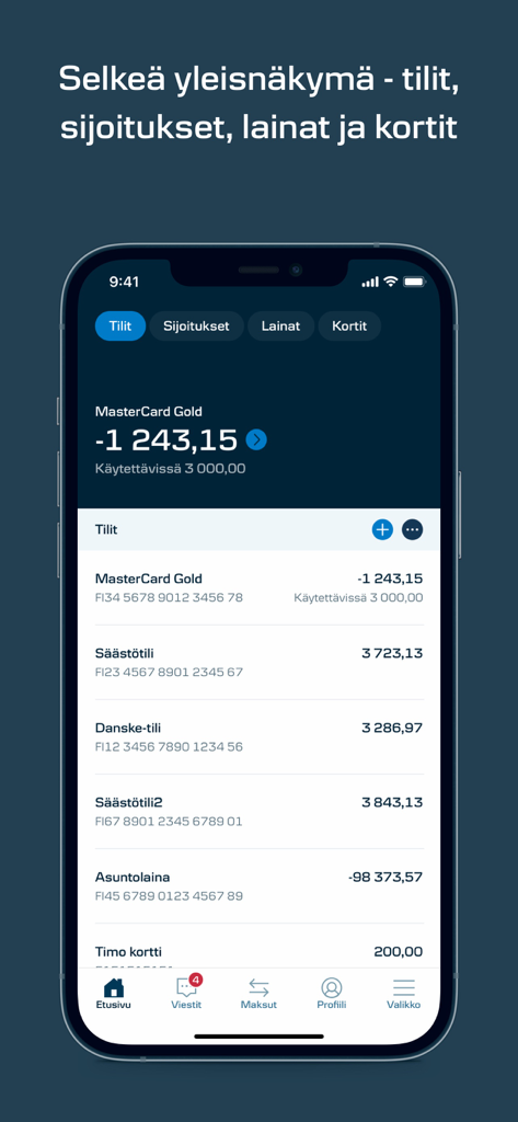 Mobiilipankki FI app dashboard showing account balances and financial overview