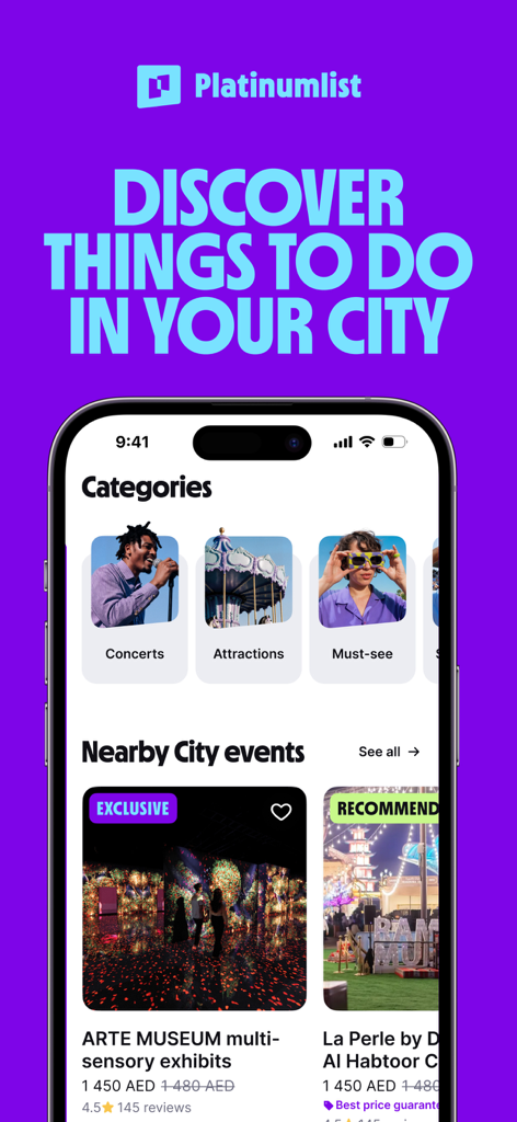 Platinumlist: Events & Tickets - Platinumlist mobile app showing categories for concerts and attractions with nearby city events