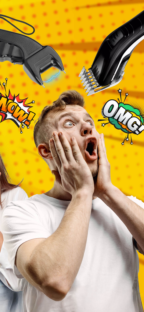 Magic Voice Changer: Prank App - A man looking shocked with graphics of a taser and hair clipper representing funny prank sounds.