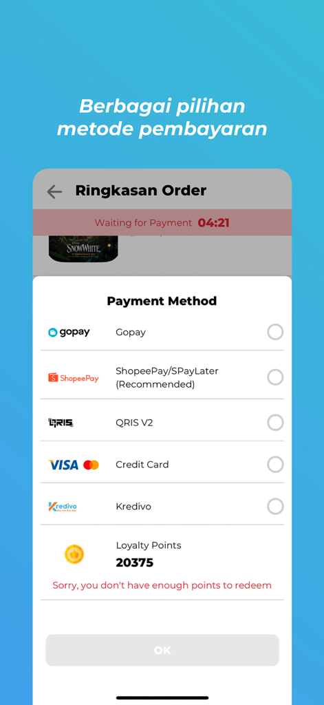 Tela de seleção de método de pagamento do aplicativo Cinépolis Cinemas Indonésia com opções para Gopay, ShopeePay e Cartão de Crédito.