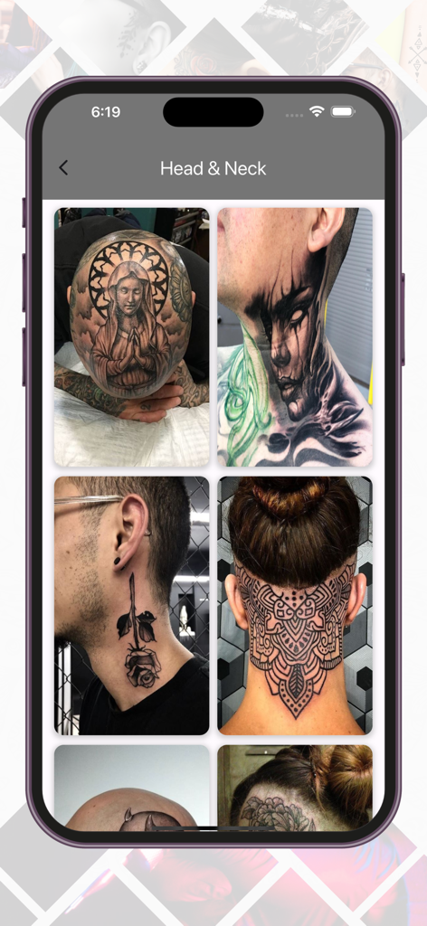 Tattoo Designs - Tattoo Maker - Uma galeria de designs de tatuagem especificamente para a área da cabeça e pescoço dentro de um aplicativo móvel.