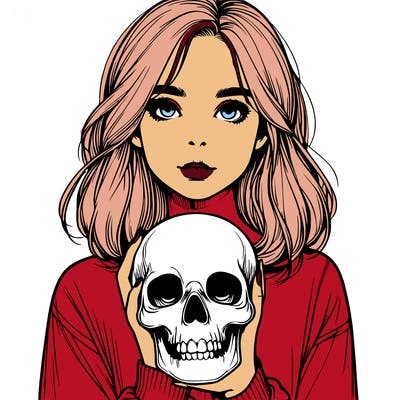 realistic girl holding a skull