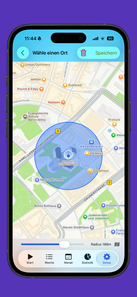 Automatic Time Clock - A smartphone interface showing a map with a circular geofence radius for automatic work location tracking