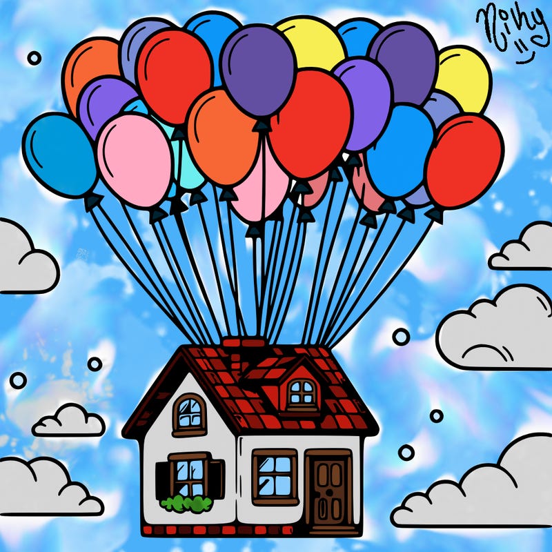house floating from lots of balloons