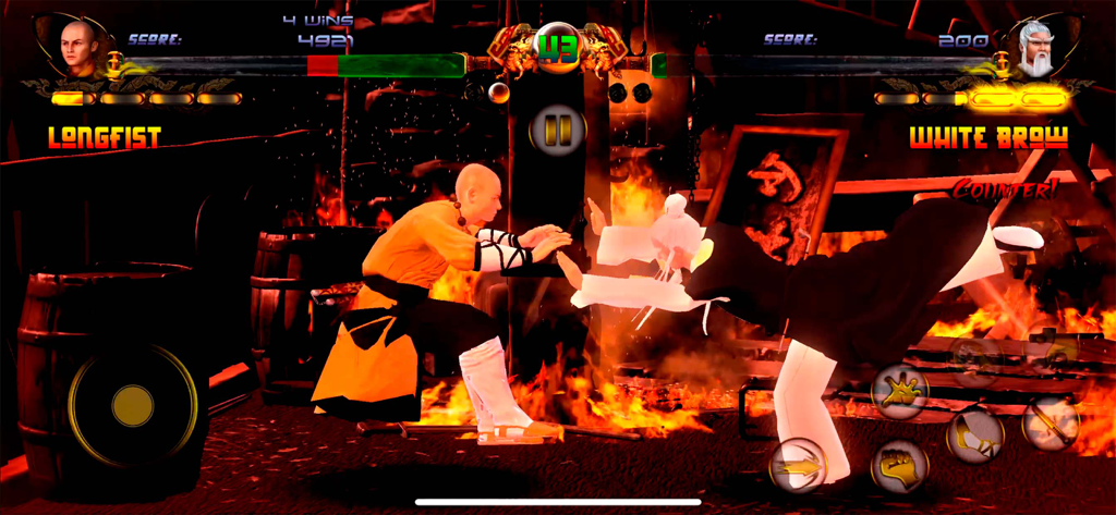 Shaolin vs Wutang - Fighting - A 1-on-1 combat scene between Longfist and White Brow characters in a fiery temple setting in Shaolin vs Wutang